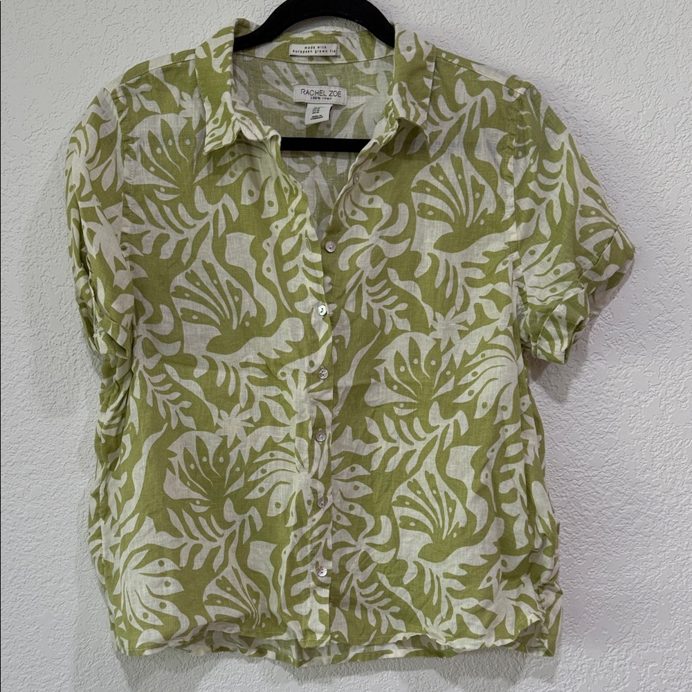 Rachel Zoe Tropical Olive and Cream Leaf Print Shirt